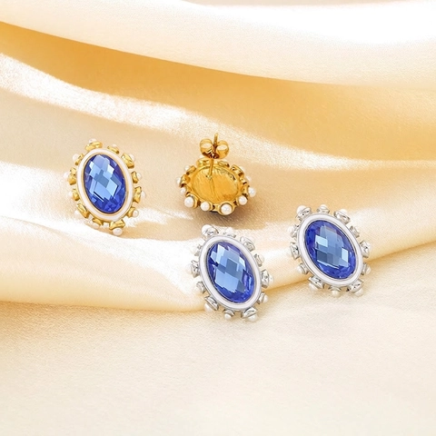 Orecchini A Lobo Ovali Vintage Per Donna Acciaio Inossidabile Vetro Blu Sfaccettato Con Dettagli Perle Di Conchiglia