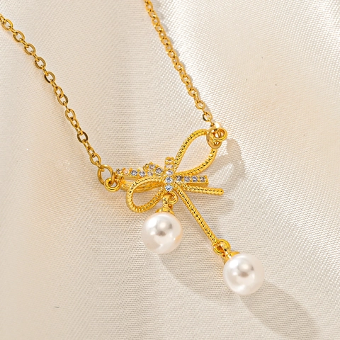 Collier Pendentif Nœud en Acier Inoxydable pour Femme Plaque Or Strass Perle Artificielle Chaîne de Clavicule Bijoux Cadeau