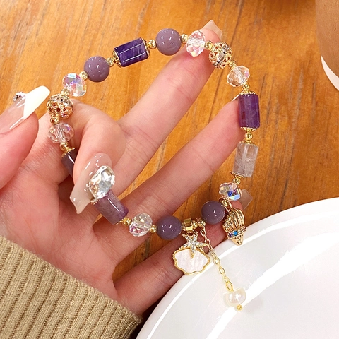 Handgemaakte Kralen Armband Kristal Amethist Aardbeienkwarts Oceano Zeester Schelp Kunstparel Charms Zoet Esthetisch Voor Vrouwen