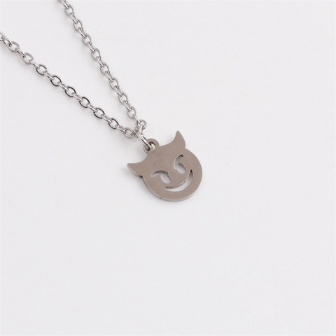 Polished Laser Cut Stainless Steel Devil Cat Pendant Necklace O-Chain Silver Color Halloween Gothic Punk Emoji Gift