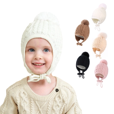 Baby Knit Hat Acrylic Cable Pattern Pom Pom Earflap Winter Warm Windproof Tie Straps Toddler Infant Cute Soft Beanie