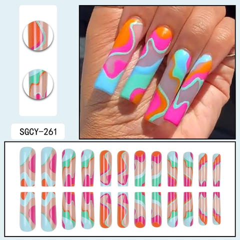 Uñas Postizas Largas Coffin Rayas De Colores Patrones De Ondas Diseño Geométrico Abstracto Brillante Modernas