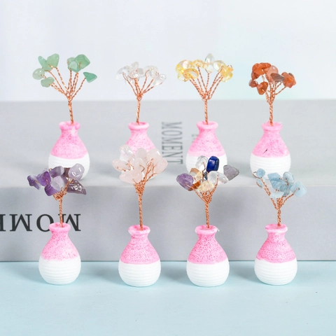 Mini Crystal Money Tree Desktop Ornament Natural Stone Copper Wire Ceramic Base Bonsai For Office Home Decor Gift