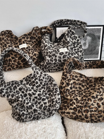 Sac Cabas En Peluche À Imprimé Léopard Grande Capacité Doux Automne Hiver Sac À Épaule Avec Fermoir Magnétique Doublure En Popeline
