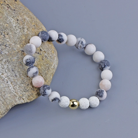 Natural Pink Zebra Stone Beaded Bracelet With White Lava Rock And Gold Metal Bead Elastic Fashion Jewelry For Men