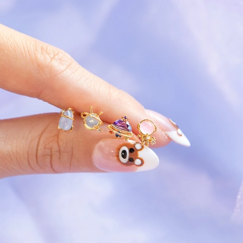 Cartoon Space Universe Element Stud Earrings Brass Rhinestone Astronaut UFO Rocket Planet Earrings 925 Silver Earring Post