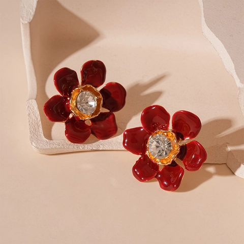 Red Enamel Flower Stud Earrings With Crystal Rhinestone And Silver Earring Post Vintage Elegant Jewelry For Women