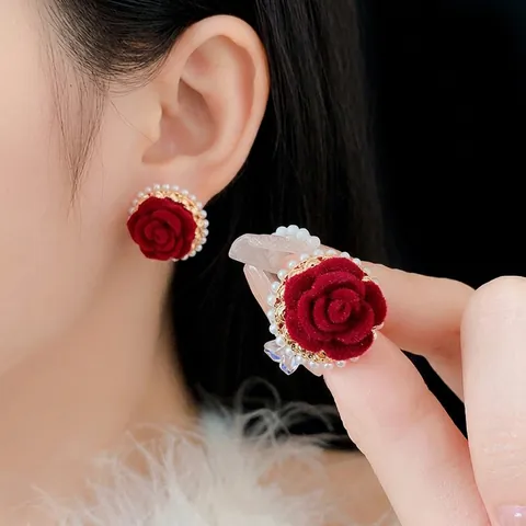 Rose Flower Stud Earrings With Red Velvet And Faux Artificial Pearl Gold Plated Elegant Vintage Jewelry For Women Silver Earring Post