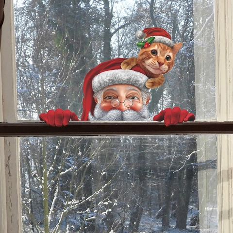 Pegatina Ventana Navidad Papá Noel Gato Naranja Peeking Decoración Cristal PVC Hogar Vacaciones Dibujos Animados
