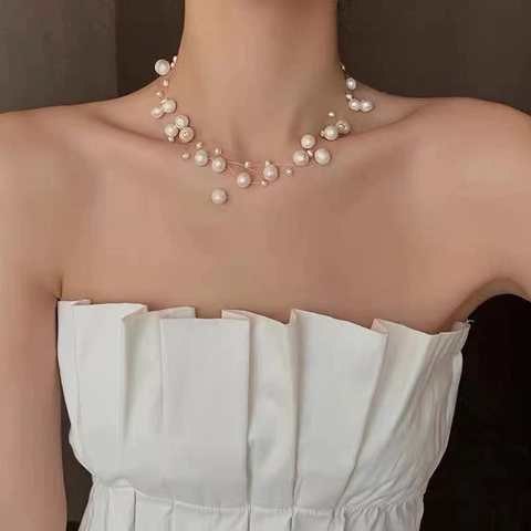 Multilayer Artificial Pearl Necklace Floating Clavicle Chain Handmade Elegant Jewelry For Women French Retro Style