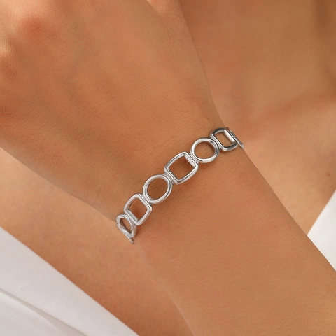 Hohl Geometrischer Offener Armreif Edelstahl Verstelbares Manschettenarmband Rund Quadrat Abwechselnd Minimalistischer Schmuck