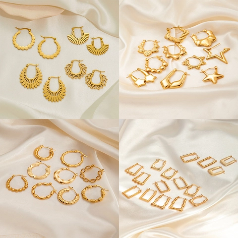 Geometric Hoop Earrings Stainless Steel Gold Plated Vintage Boho Heart Star Bamboo Textured Waterproof Jewelry For Women