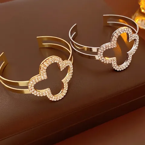 Luxury Fashion Four Leaf Clover Hollow Flower Open Cuff Bracelet Rhinestone Inlaid Metal Jewelry For Women