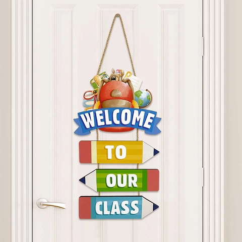 Panneau Bienvenue Classe En Bois Décoration Porte Rentrée Scolaire Motif Crayon Sac À Dos Décor Mural Rustique