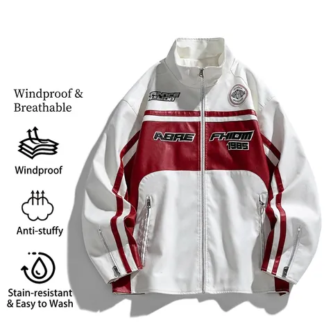 Heren Vintage Motorfiets PU Leren Jas Opstaande Kraag Racing Stijl Color Block Borduurwerk Streetwear