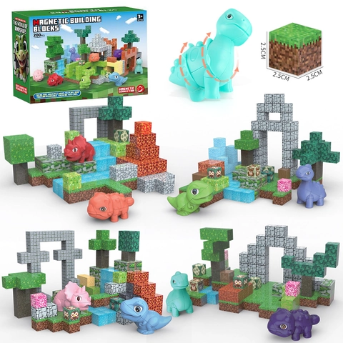 Magnetische Bouwstenen Speelgoed Dinosaurus Wereld Pixel Stijl DIY Educatieve Desktop Constructie Kit Voor Kinderen