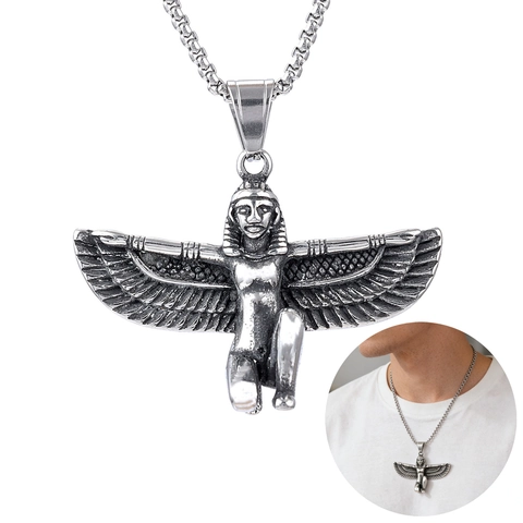 Egyptian Goddess Wing Pendant Necklace Vintage Stainless Steel Winged Mythological Jewelry For Men Unisex Personality Retro