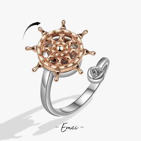 Bague Gouvernail de Navire Nautique pour Femmes Bague d'Anxiété Ouverte Réglable Bijoux de Mode en Cuivre Bicolore Bague Rotative