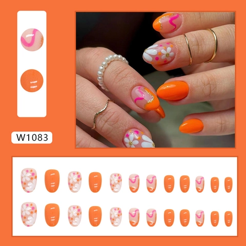 Faux Ongles Courts Ovales Orange Blanc Motif Fleur De Marguerite Style Doux Frais Pour Femmes Ongles Élégants À La Mode