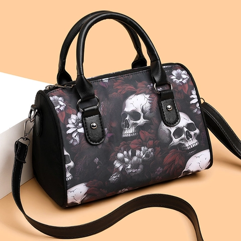 Gothic Skull Floral Print Boston Bag Oxford Cloth Large Capacity Handbag Retro Dark Style Women Crossbody Shoulder Bag