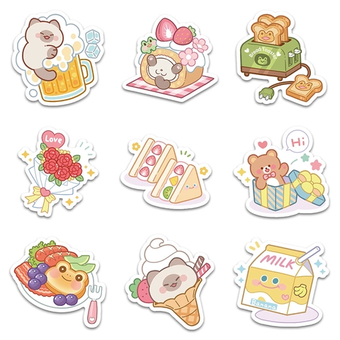 Kawaii Dessert Bear Cartoon Stickers Waterproof PVC For DIY Scrapbooking Journal Notebook Decoration Animal Food Design