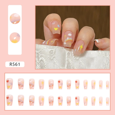 Press On Nails Artificial False Nail Tips Glossy Gradient Heart Flower Patterns Full Cover Women Girls DIY Manicure Art