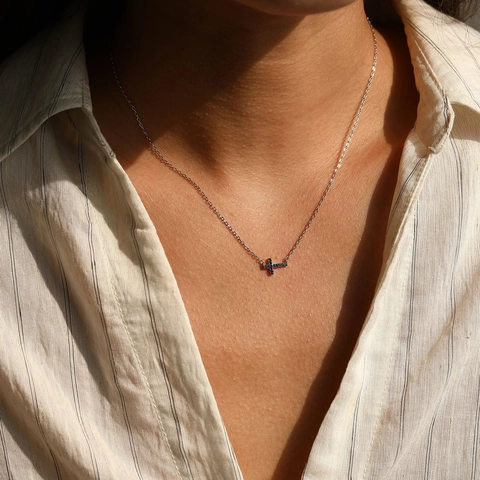 Collana a Croce in Argento Sterling 925 Vintage per Donna Intarsiata con Zirconia Blu Catena a Clavicola di Lusso Gioielli Religiosi Regalo