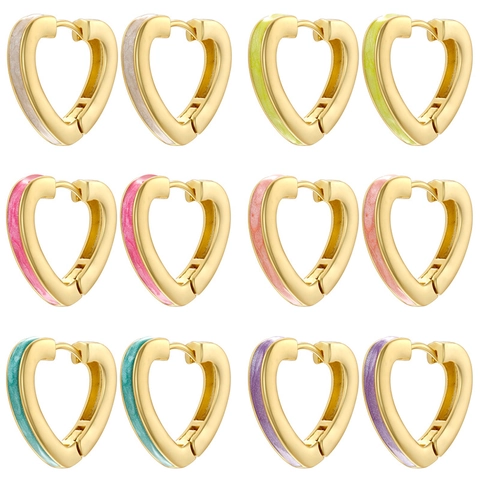 Women Sweet Heart Shaped Copper Enamel Hoop Earrings Colorful Drip Oil Gold Plated Peach Heart Earrings Jewelry Accessories