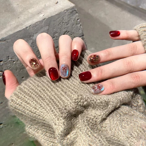 Uñas Postizas Ojo De Gato Rojas Plástico ABS Lazo 3D Cortas Cuadradas Puntas De Uñas Artificiales Para Mujeres