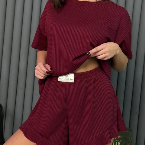 Women Loungewear Ribbed Knit Crew Neck Short Sleeve Top And Ruffle Hem Shorts Casual Sleepwear Home Wear Comfort