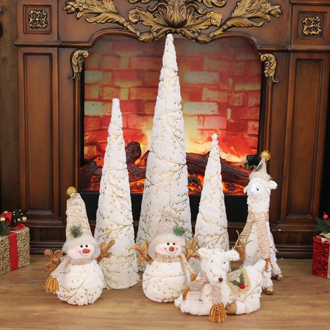Weihnachtsbaum Kegel Ornamente Weißer Plüschstoff Goldfolie Astmuster Desktop Turm Dekorationen Für Zuhause Feiertag Display
