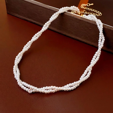 Collana Doppio Strato Künstliche Perle Imitazione Ciondolo Zircone Rame Intrecciato Clavicola Per Donne Stile Retrò Francese