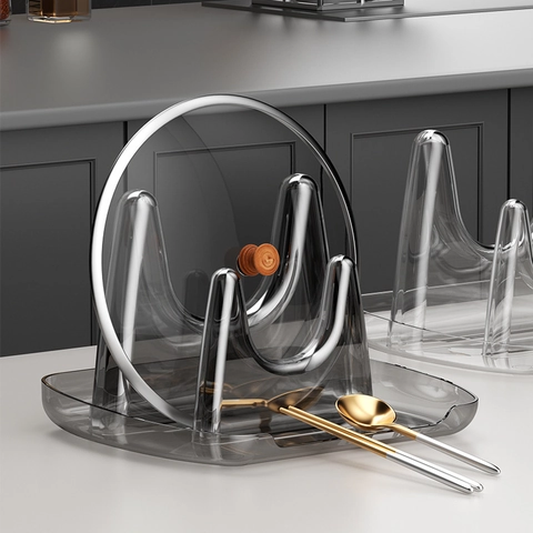 Pannendeksel Houder Rek Plastic Multifunctionele Keuken Aanrecht Opslag Organizer Met Druppelbak Lepelsteun Transparant