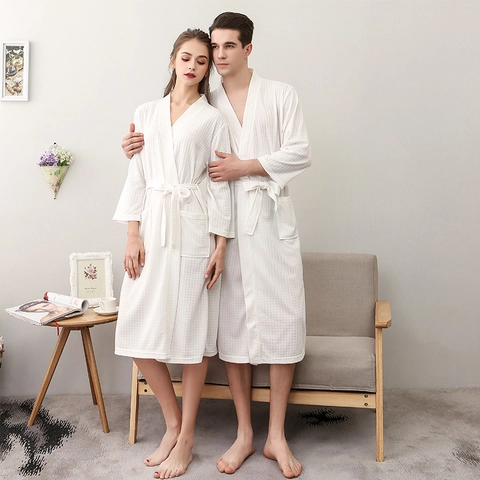 Waffle Weave Bathrobe V-Neck Belted Soft Absorbent Spa Hotel Casual Comfortable Sleepwear For Men And Women