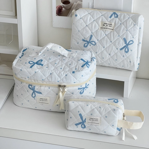 Bolsa De Maquillaje De Algodón Acolchado Lazo Azul Lunares Organizador De Aseo Bolso De Viaje Para Mujeres