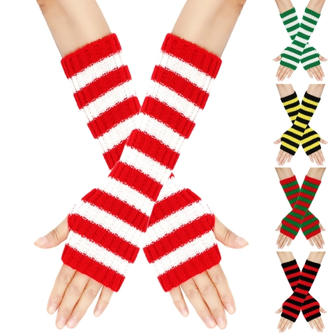 Unisex Striped Knit Arm Warmers Winter Warm Fingerless Gloves Long Sleeve Mittens For Men Women Christmas Party Holiday Gift