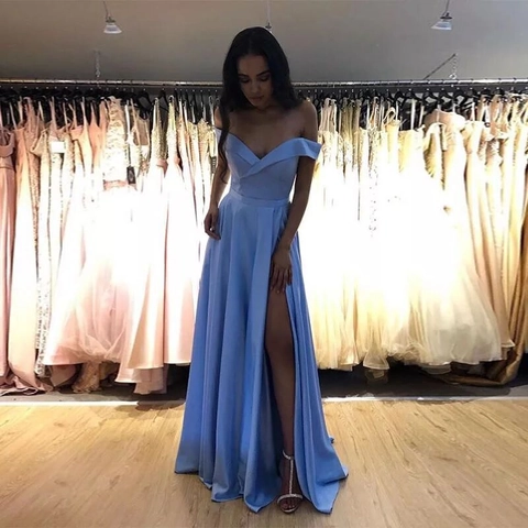 Evening Gown Satin Off Shoulder High Slit Elegant Sexy High Waist Floor Length Lace Up Back Dress For Women Party