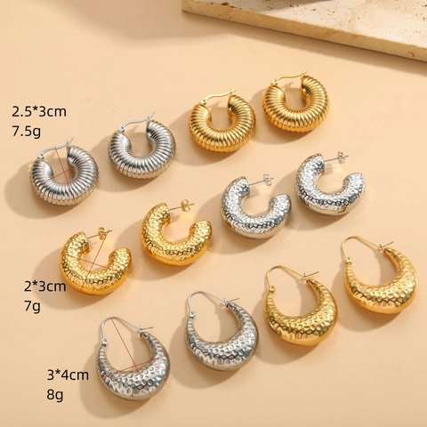 Vintage Gehamerde Titaniumstalen Oorbellen Voor Dames Minimalistische Getextureerde C-Vorm U-Vorm Goud Zilver Verguld Sieraden
