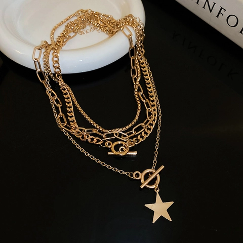 Multi-Layer Iron Star Pendant Necklace With OT Buckle Y2K Metallic Curb Chain Jewelry For Women