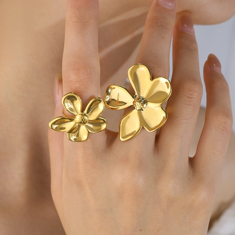Elegante Roestvrijstalen 3D Bloem Open Ring Voor Dames Verguld Minimalistische Florale Statement Ring Verstelbare Sieraden