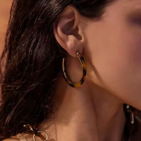 Vintage Tortoiseshell Resin C-Shaped Hoop Earrings Alloy Geometric Jewelry With 925 Sterling Silver Earring Post