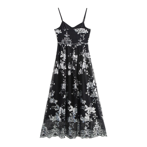 Dames Maxi Jurk Met Lovertjes Diepe V Hals Open Rug Hoge Taille Zilveren Bloemenborduurwerk Avondjurk Elegant Mesh