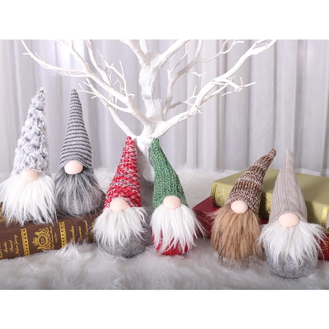 Christmas Gnome Ornaments Knitted Fabric Faux Fur Swedish Tomte Gonk Handcrafted Long Beard Holiday Desktop Decoration