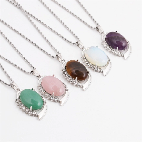 Hip Hop Pendant Necklace Stainless Steel Rope Chain Oval Gemstone Inlaid Rhinestone For Women Elegant Vintage Style