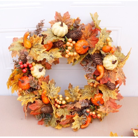 Corona Otoño Hojas Arce Calabaza Piña Baya Vid Decoración Colgante Pared Acción De Gracias Estilo Cosecha Hogar