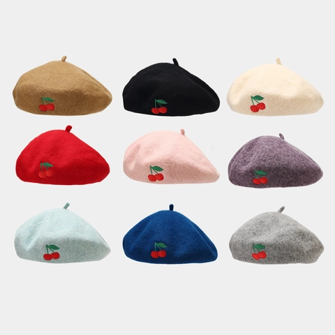 French Style Wool Blend Beret For Women With Cherry Embroidery Sweet Retro Painter Hat For Ladies Girls