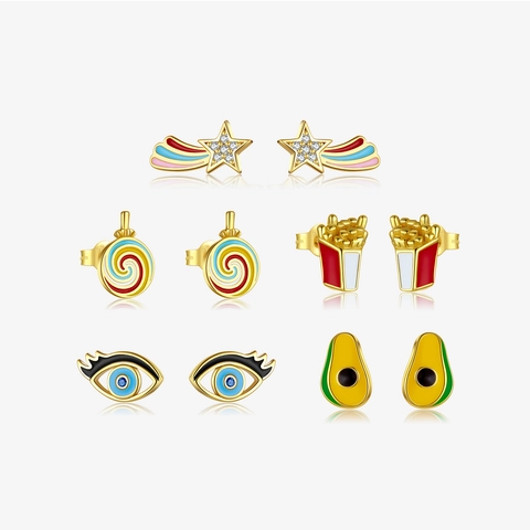 925 Sterling Silver Earring Post Alloy Enamel Stud Earrings For Women Cute Avocado Lollipop French Fries Shooting Star Evil Eye Jewelry