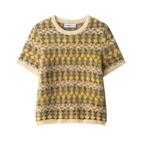 Retro Kurzarm Strickpullover Damen Rundhals Rautenmuster Weiche Textur Lässiges Geometrisches Oberteil
