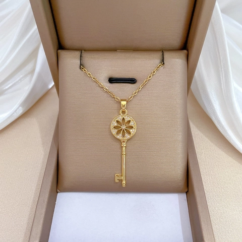 Golden Sunflower Key Pendant Necklace Titanium Steel Copper Zirconia Luxury Elegant Jewelry For Women