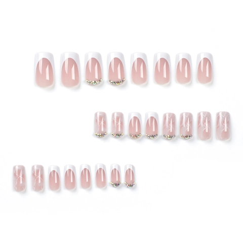 French Press On Nails With Marble Pattern And Rhinestone Decor Medium Long Square Shape Artificial Finger Nails For Women